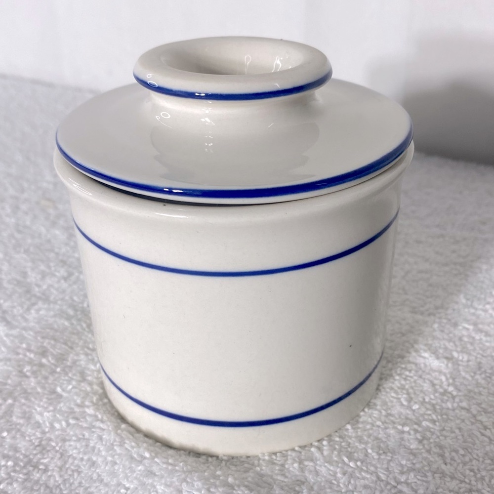White Ceramic Butter Bell W Blue Line Accent - Picture 11 of 13